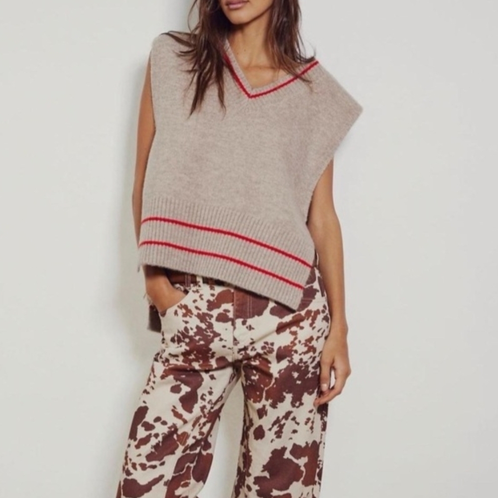 Free People All Star Poncho Knit Sweater Vest In Tan/Red